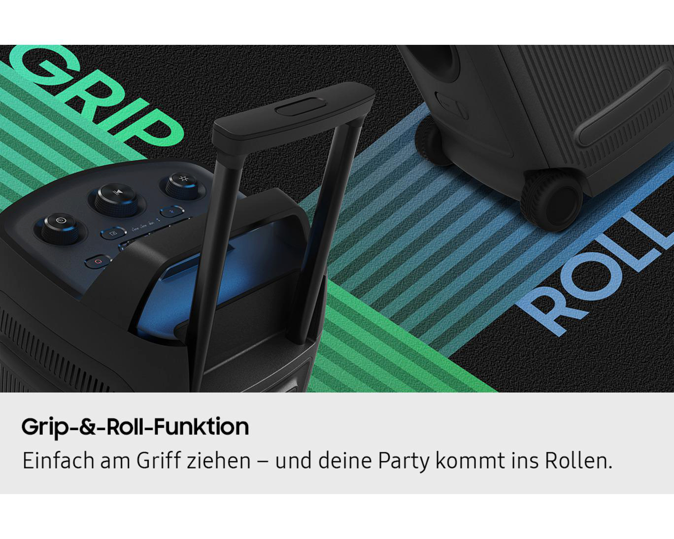 Schwarzer Lautsprecher mit Rollen und Griff, mit "GRIP" und "ROLL" Schriftzug.