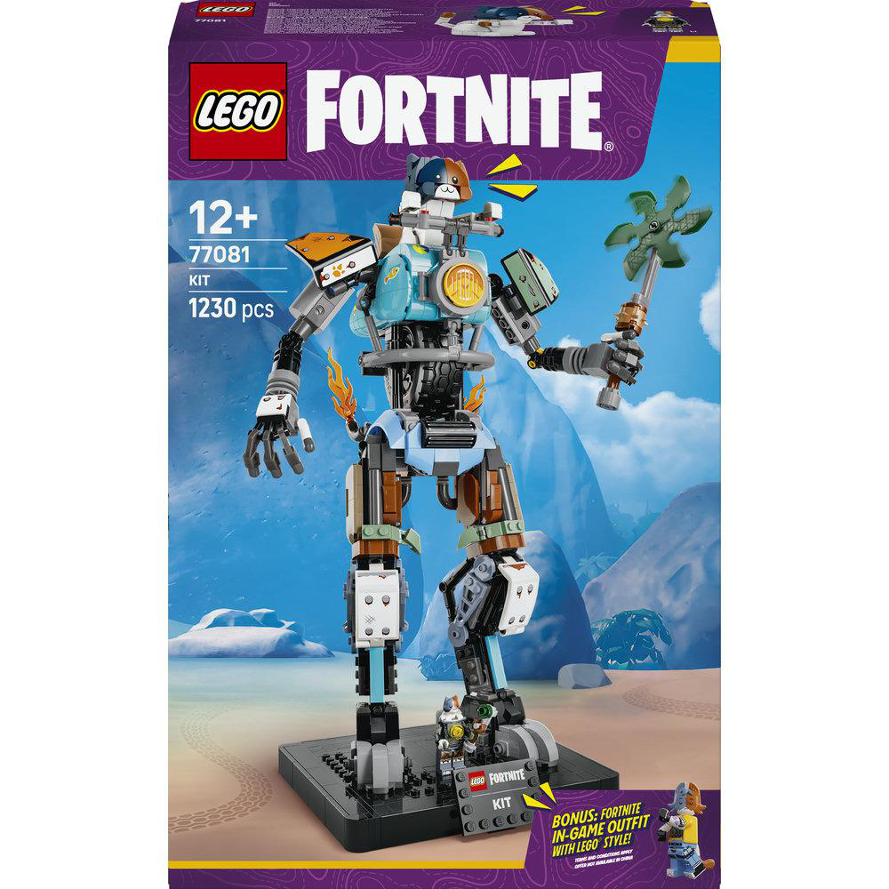 Lego Fortnite Bausatz mit Mech-Figur und kleinerer Spielfigur auf schwarzem Sockel.