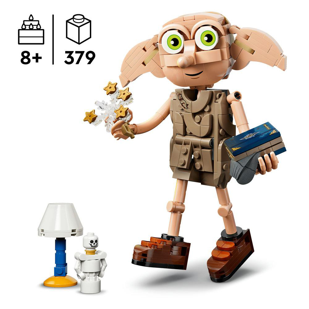 LEGO Dobby Figur mit Buch und Skelett daneben, Hinweis 8+, 379 Teile.