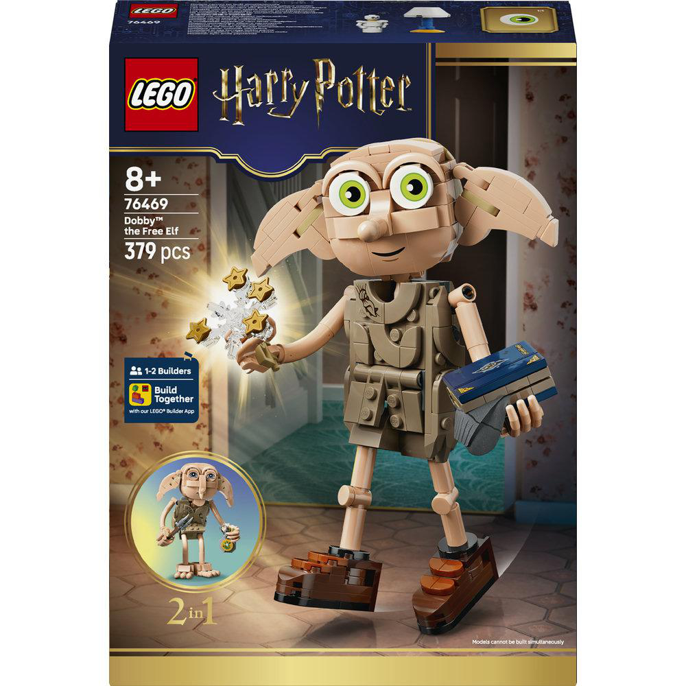 LEGO Harry Potter Dobby Set Box zeigt Dobby-Modell mit Sternen und Buch.