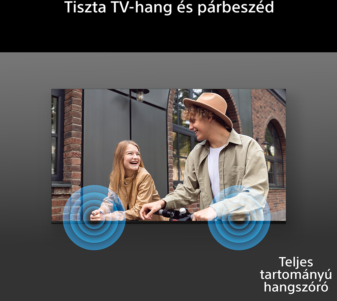 Egy férfi és egy nő nevet e-robogókon, kék hanghullámokkal.