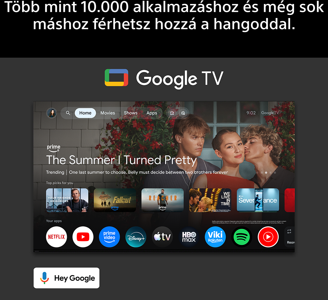 Google TV kezdőképernyő 'The Summer I Turned Pretty' és alkalmazásikonokkal.