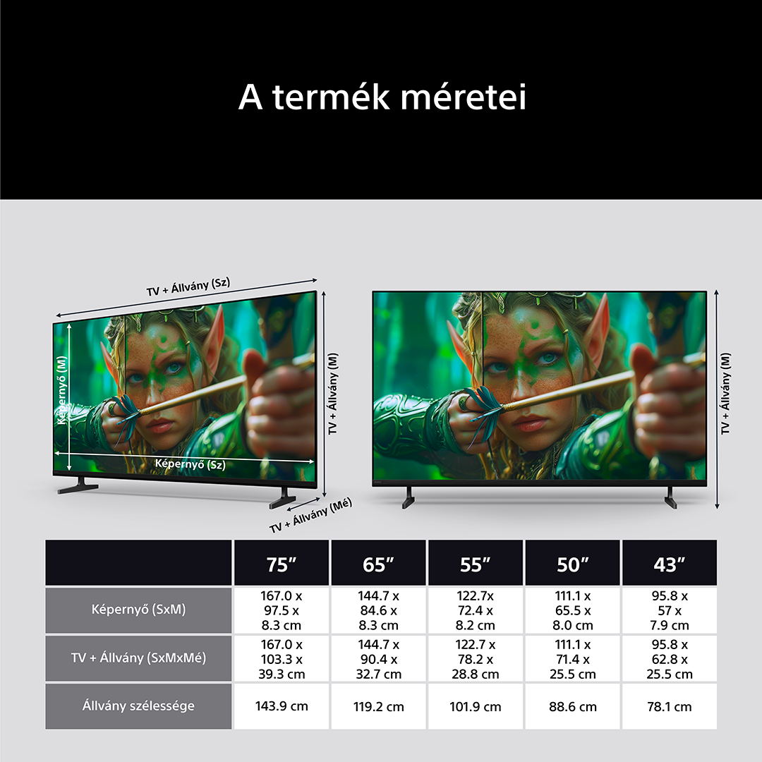 TV mérettáblázat elf harcos képével. Méreteket mutat cm-ben 75-43 hüvelykes képernyőkhöz.
