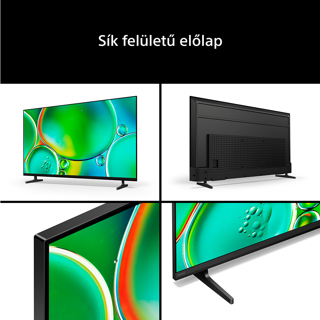 Egy modern fekete televízió színes absztrakt háttérképpel elölről és hátulról látható.