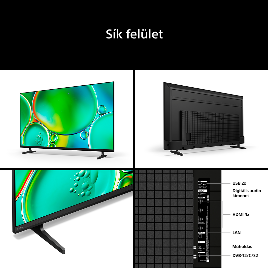 Sony TV: Előlap színes buborékokkal, hátlap csatlakozókkal.