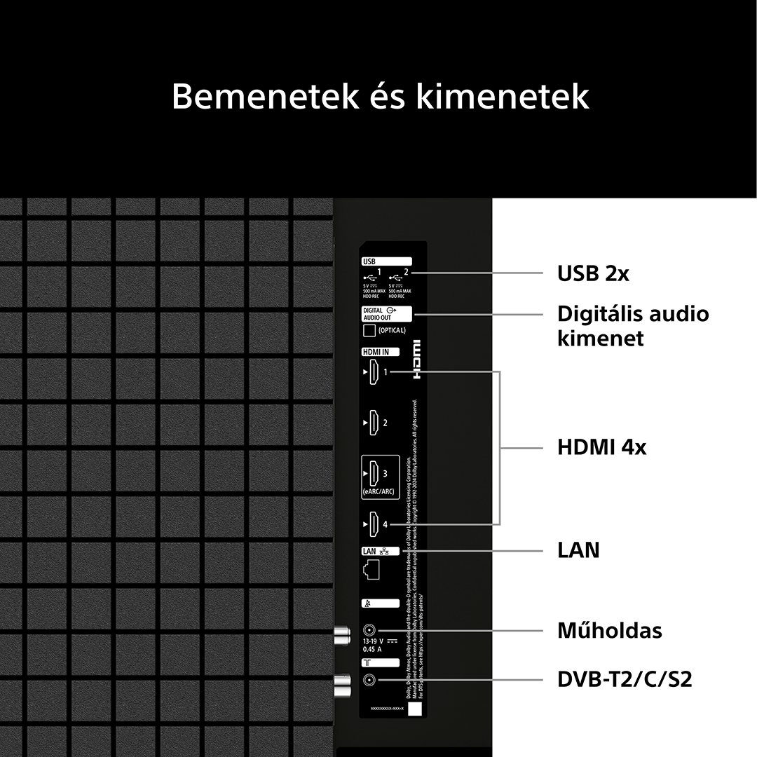 TV hátulja portokkal: USB, HDMI, LAN, Audió kimenet, Műholdas.