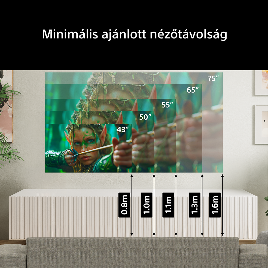 Tünde íjjal és nyíllal, 43-75 hüvelykes méretek, ajánlott távolságok 0.8-1.6m.