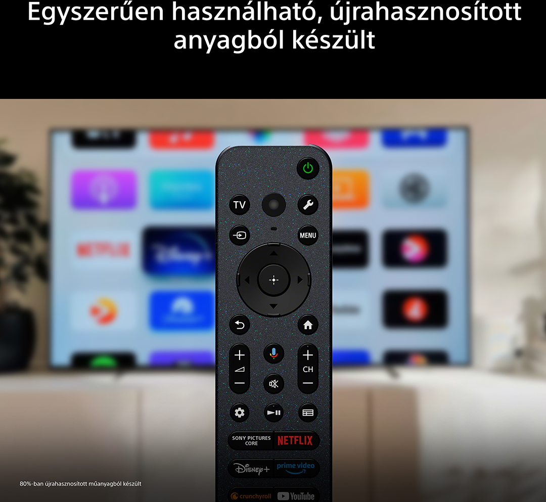 Egy fekete, pöttyös távirányító egy elmosódott okos TV képernyő előtt.