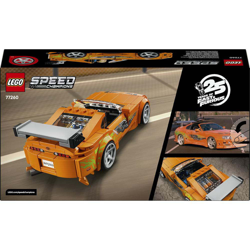 Orange LEGO Speed Champions Auto mit Aufklebern, auf der Verpackung abgebildet.