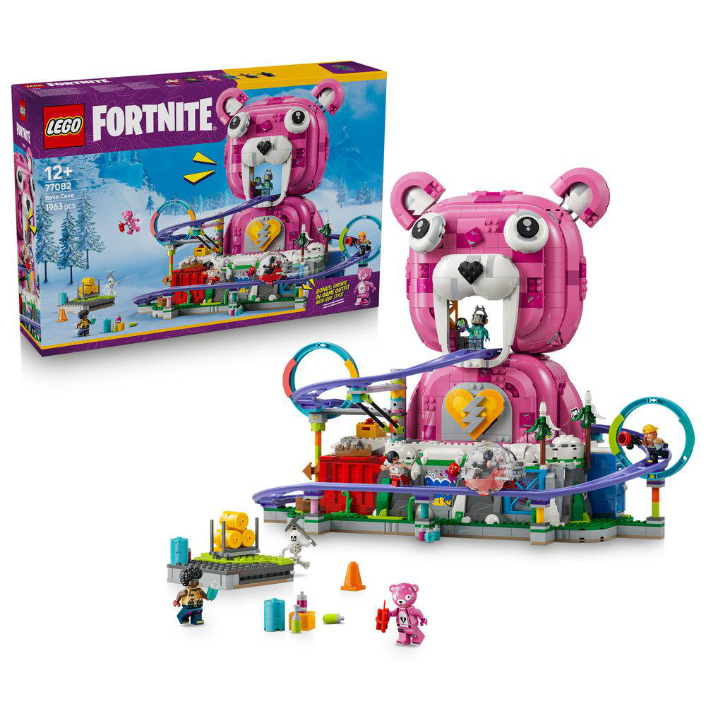 Lego Fortnite Bauset mit Achterbahn in einem rosa Bärenkopf. Enthält Minifiguren.