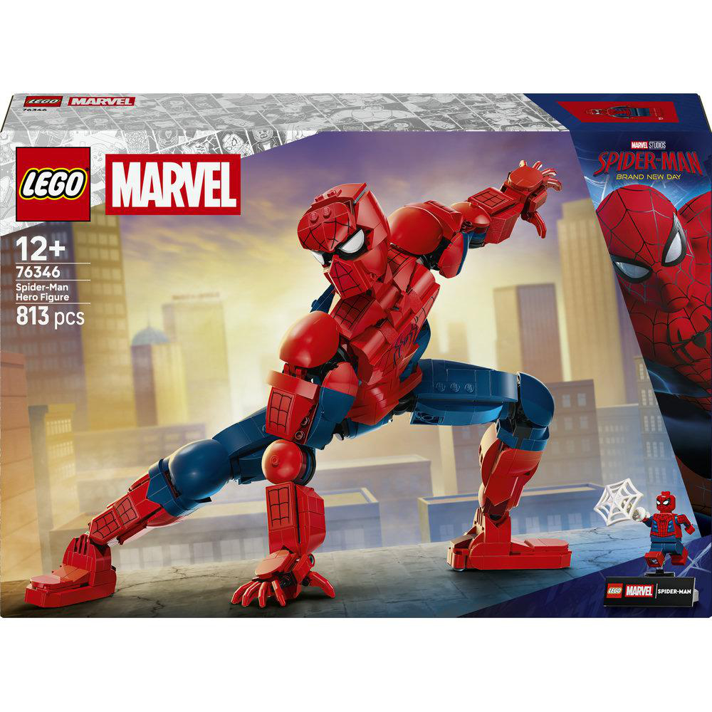 Lego Spider-Man Held Figur mit 813 Teilen, mit Stadtkulisse.