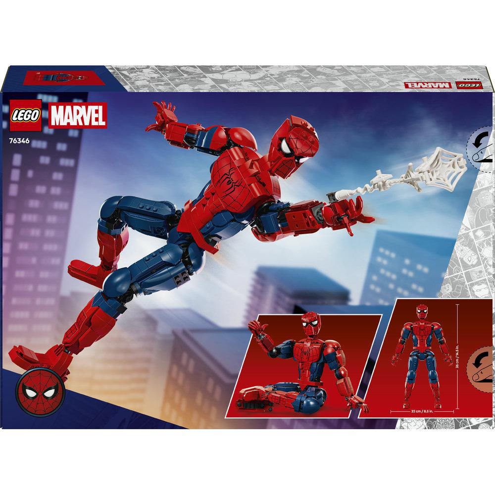 Lego Spider-Man-Set 76346 mit beweglicher Figur vor Stadthintergrund.
