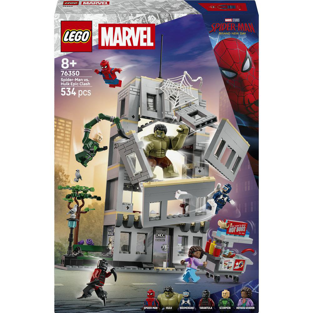 Lego-Set: Spider-Man vs. Hulk in einem zerstörten Gebäude mit Hotdog-Stand.