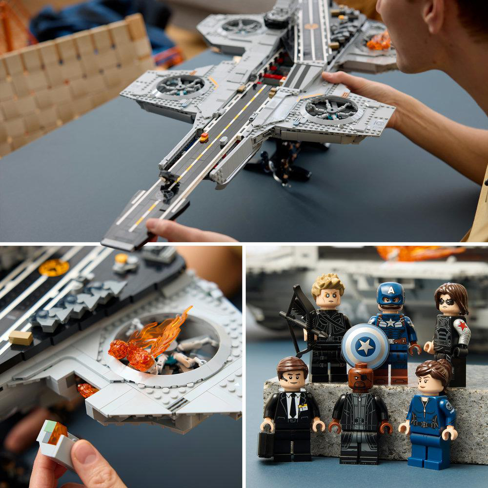 Lego-Nachbau eines Quinjets mit Figuren: Captain America, Black Widow, Falcon, Nick Fury.