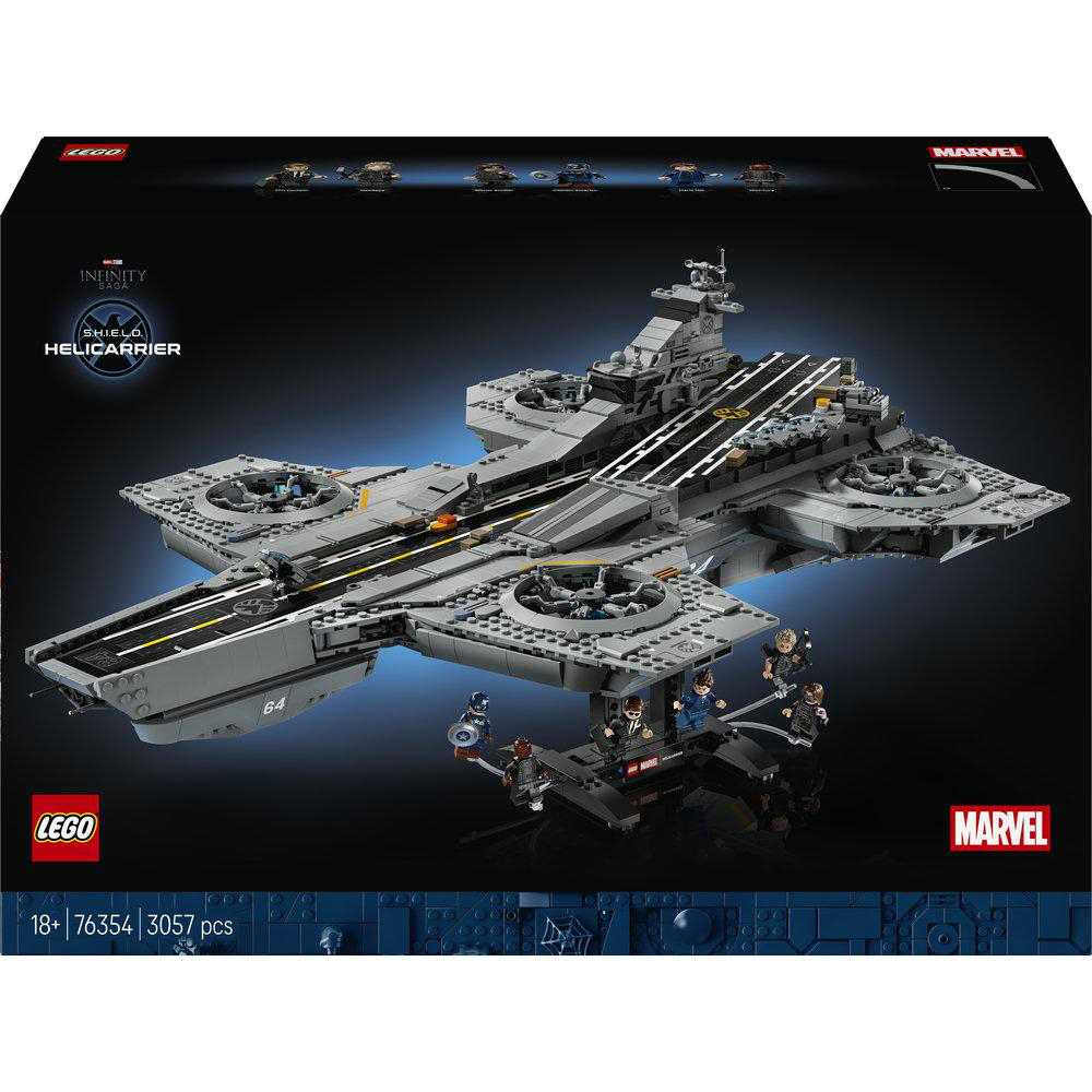 Graues LEGO S.H.I.E.L.D. Helicarrier-Set mit Minifiguren und dem Marvel-Logo.