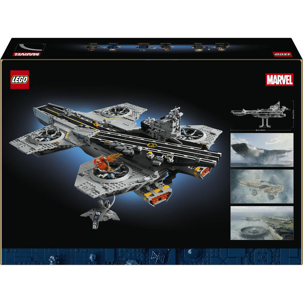Graues Lego-Flugzeugträger-Set mit Hubschraubern und Raketen im Flug.