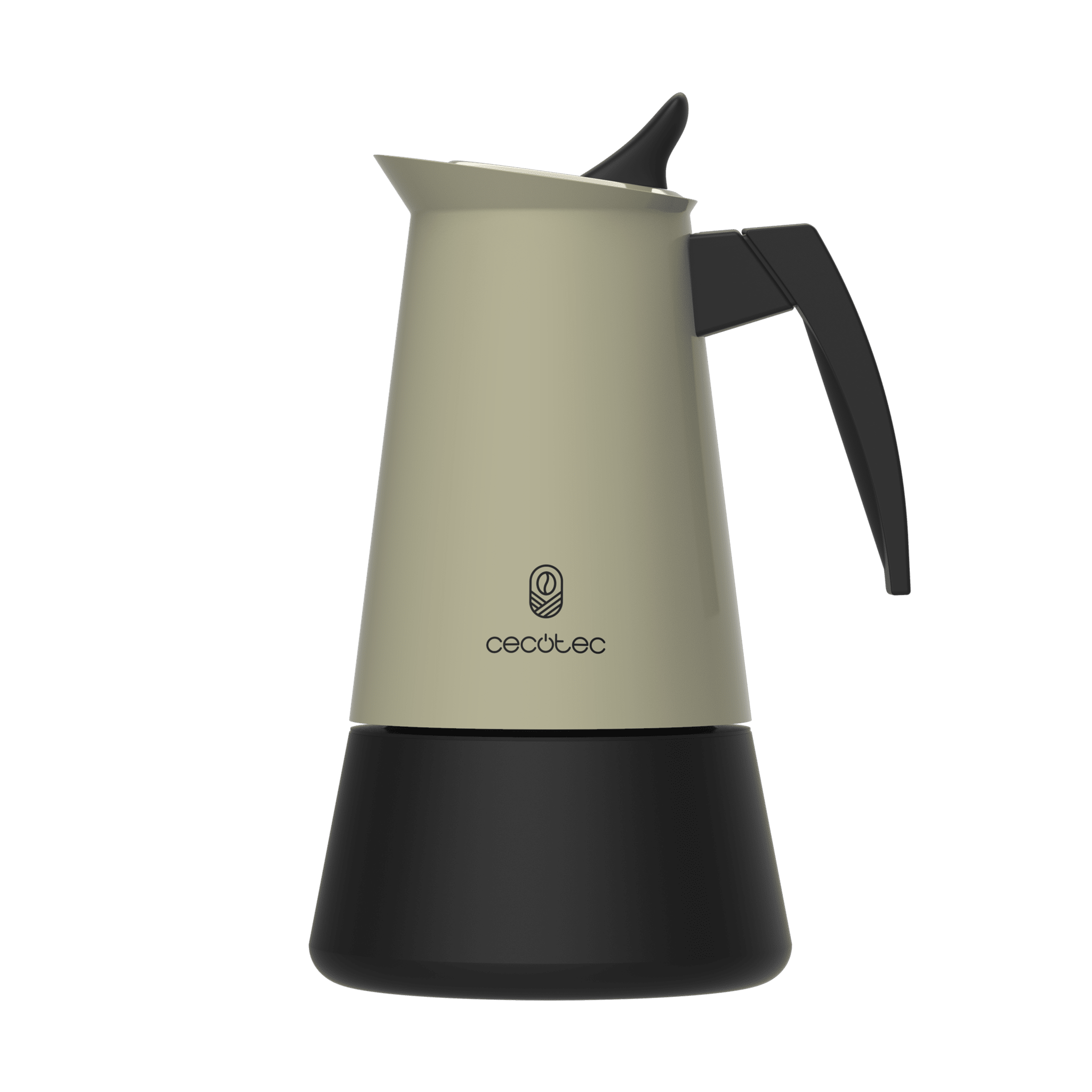 Cafetera bicolor con base negra y parte superior beige. Presenta un logo.