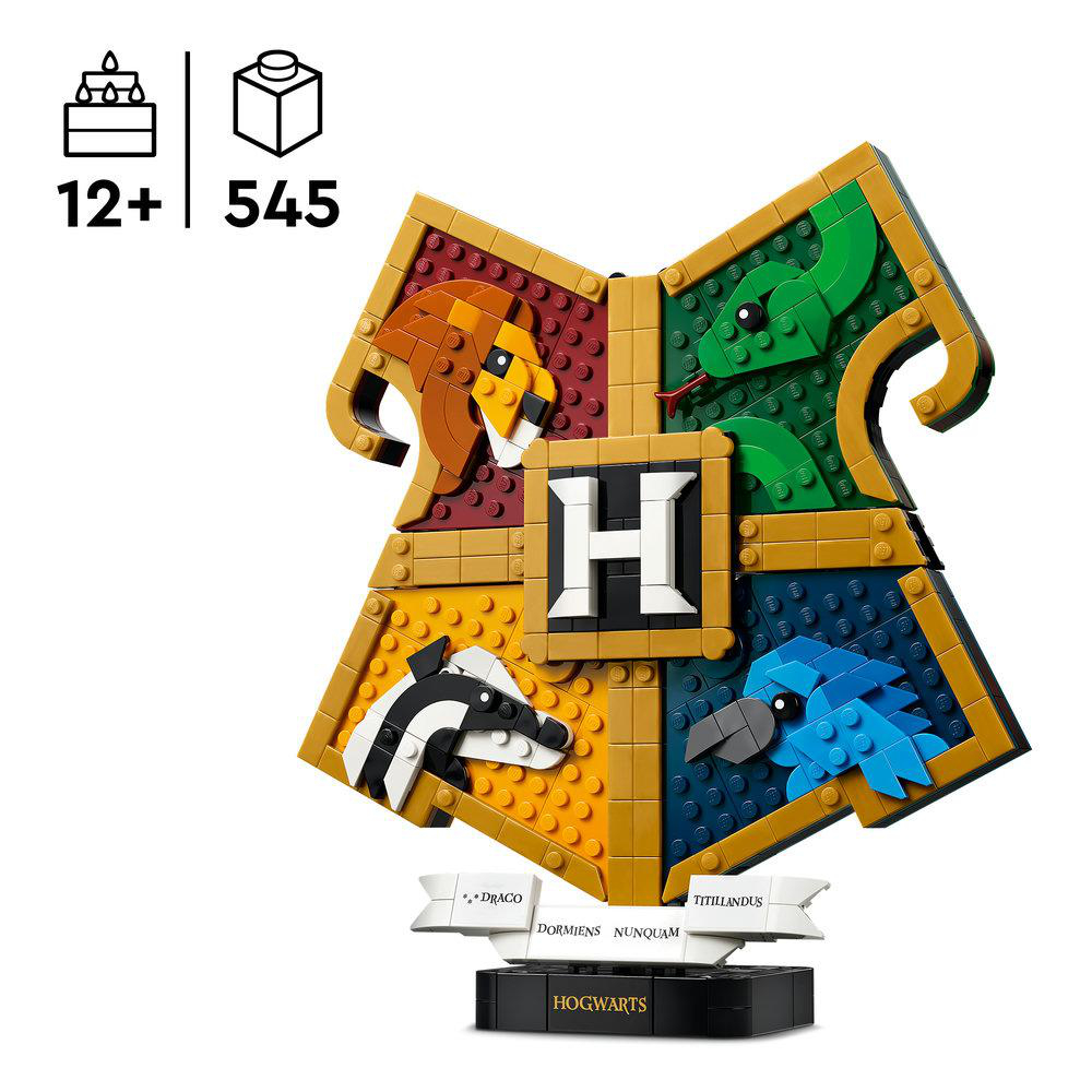 LEGO Hogwarts-Wappen mit vier Häusern: Gryffindor, Slytherin, Ravenclaw, Hufflepuff.