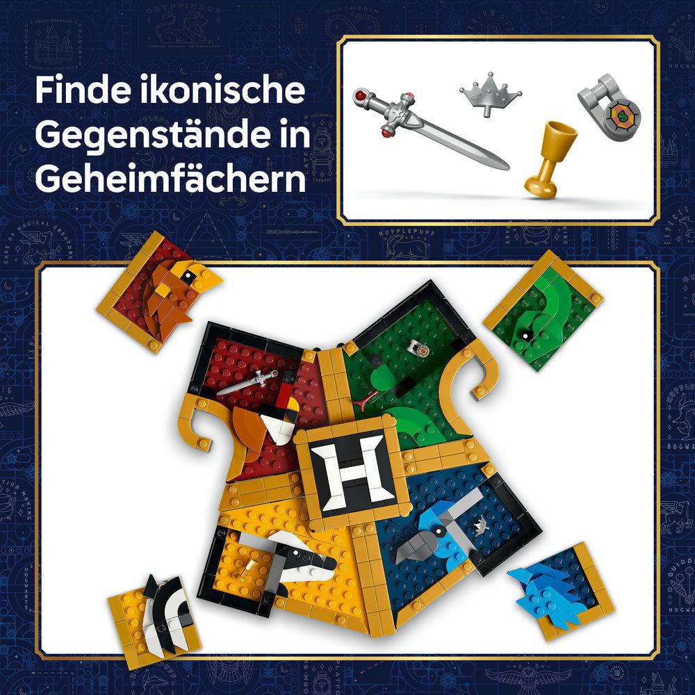 LEGO Harry Potter Hogwarts Wappen mit ikonischen Gegenständen.