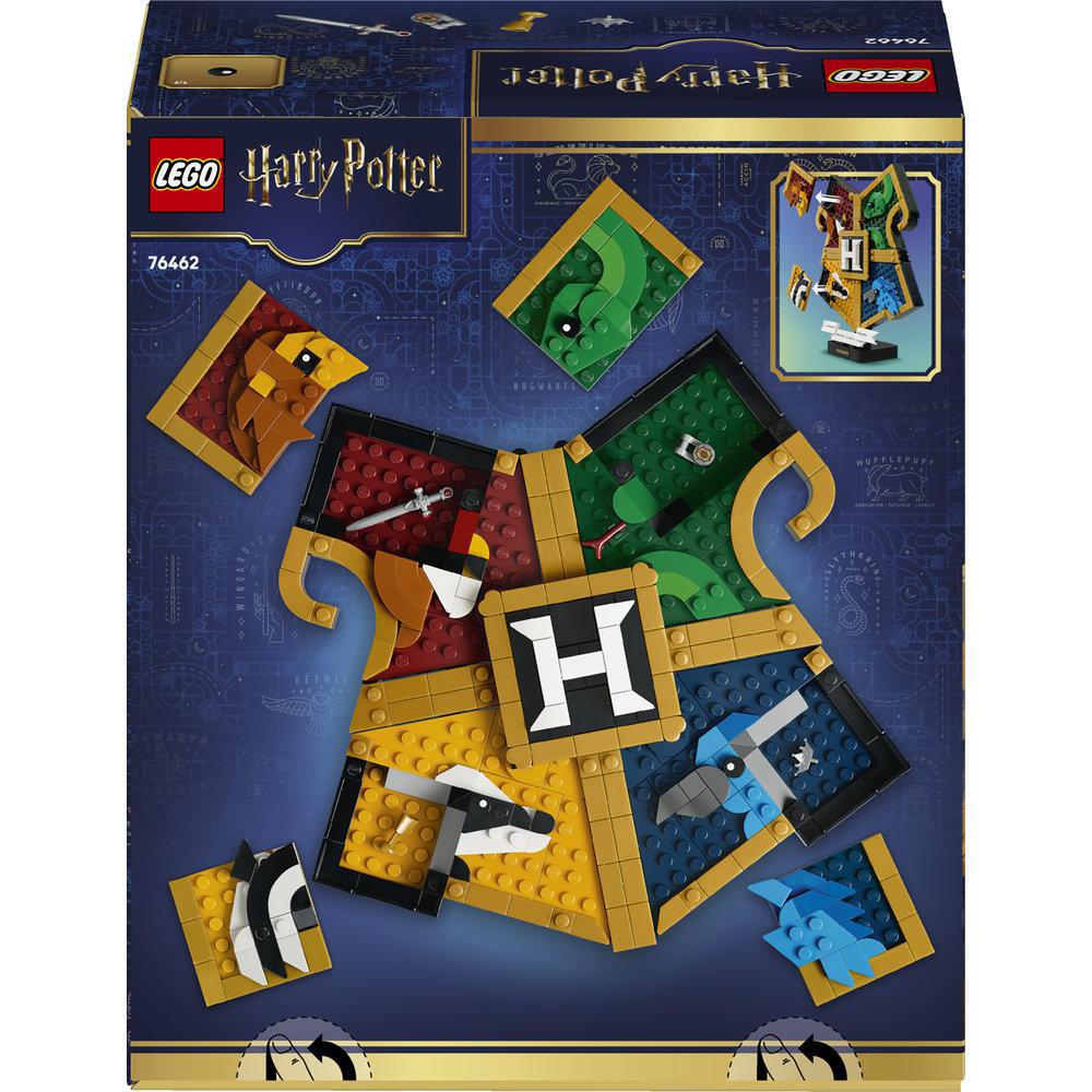 Lego Harry Potter Hogwarts Wappen mit Haus-Symbolen und Figuren.