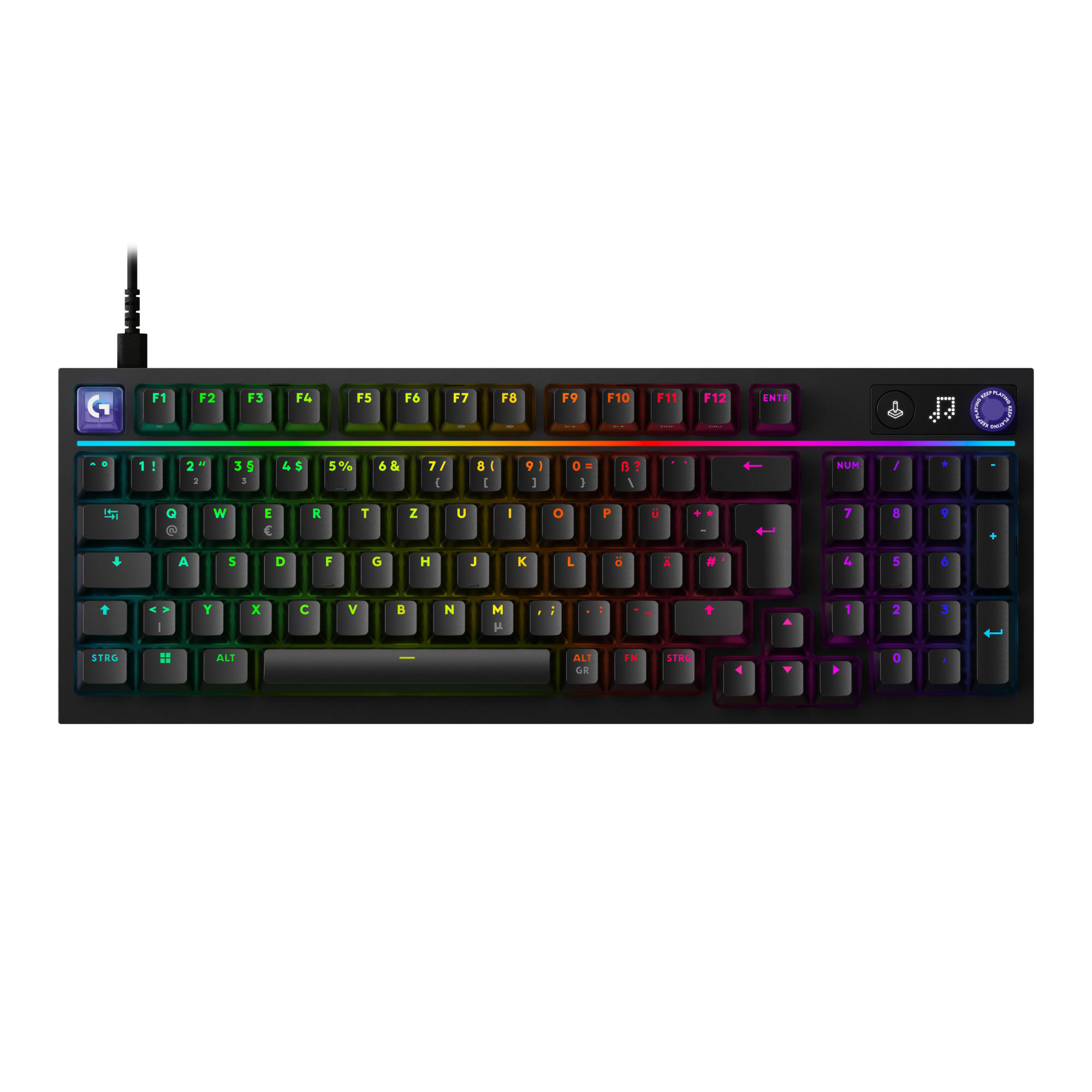Eine schwarze mechanische Tastatur mit RGB-Beleuchtung und deutschen Tastenbeschriftungen.