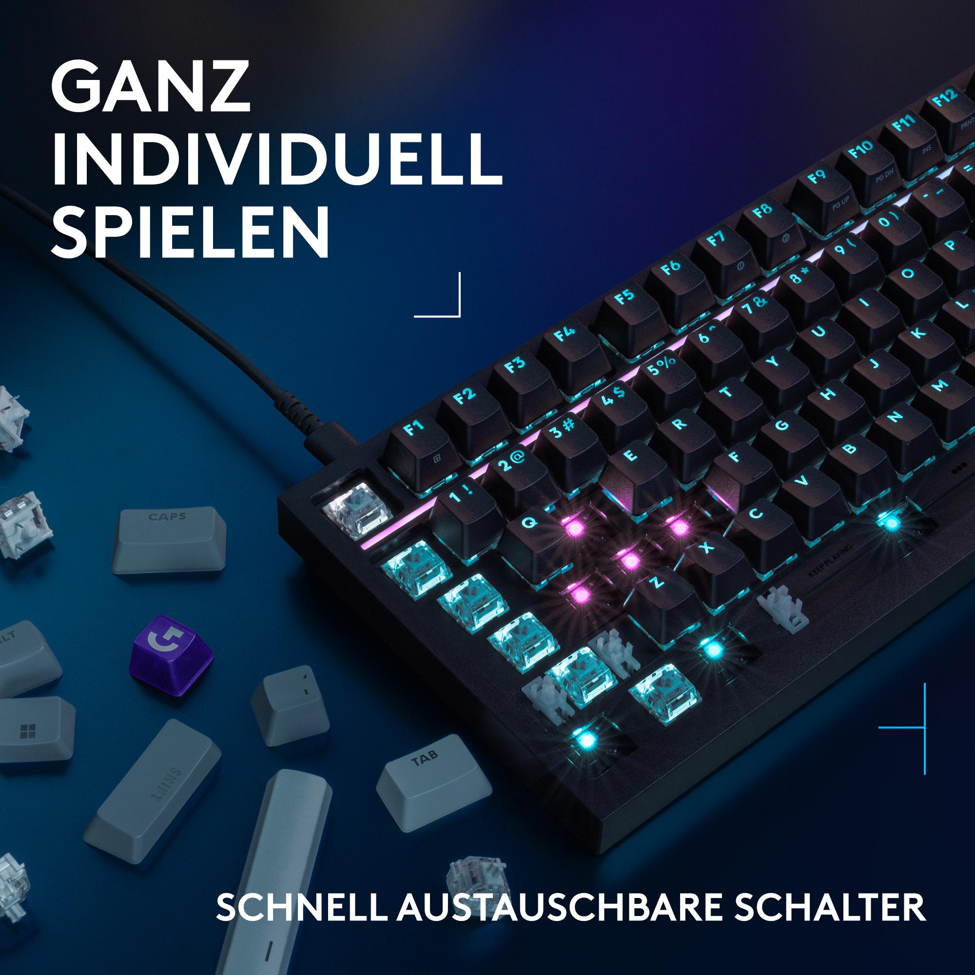 Gaming-Tastatur mit beleuchteten Tasten und losen Tastenkappen. Text: Ganz individuell spielen.