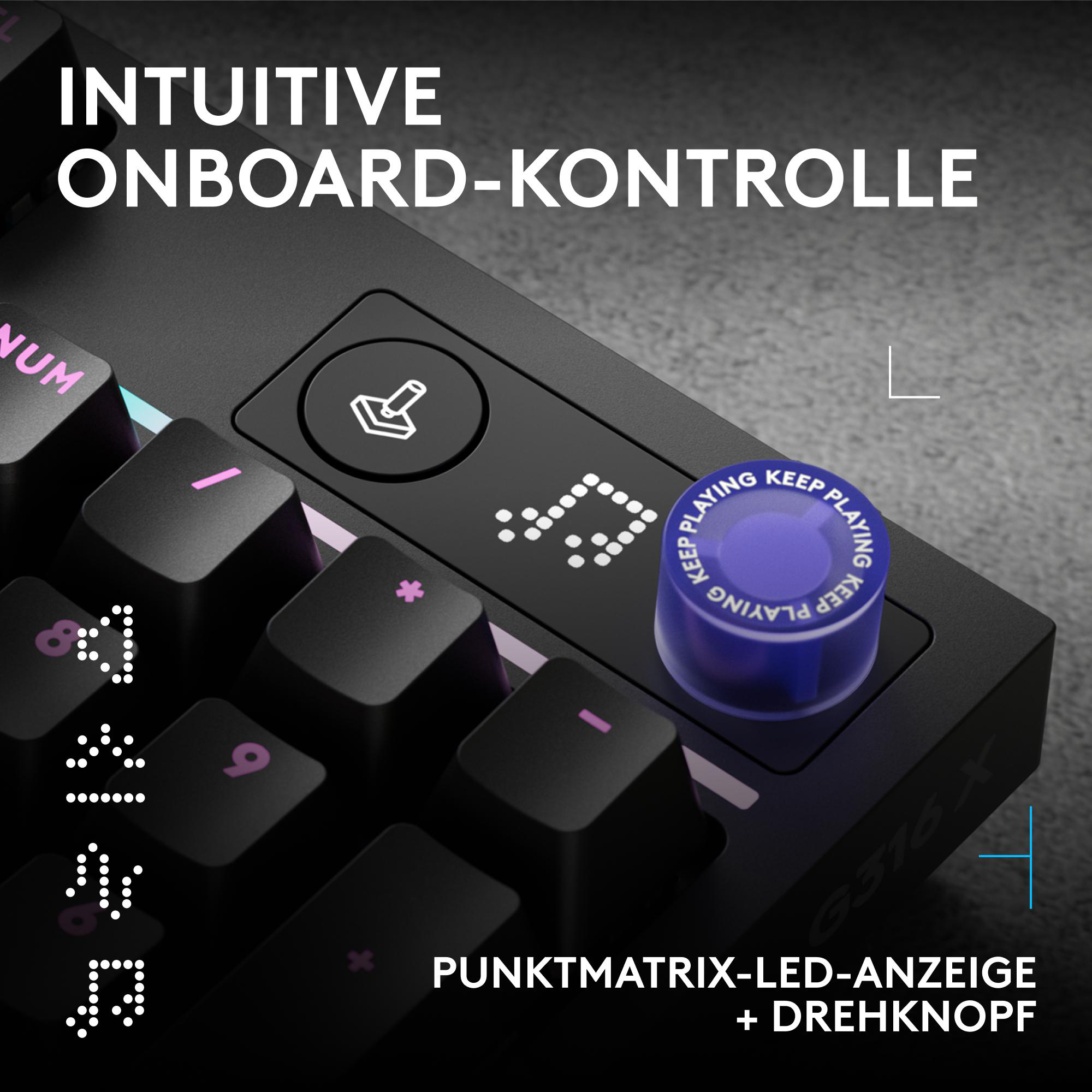 Nahaufnahme einer schwarzen Tastatur mit blauer Drehknopf-Taste und LED-Anzeige.
