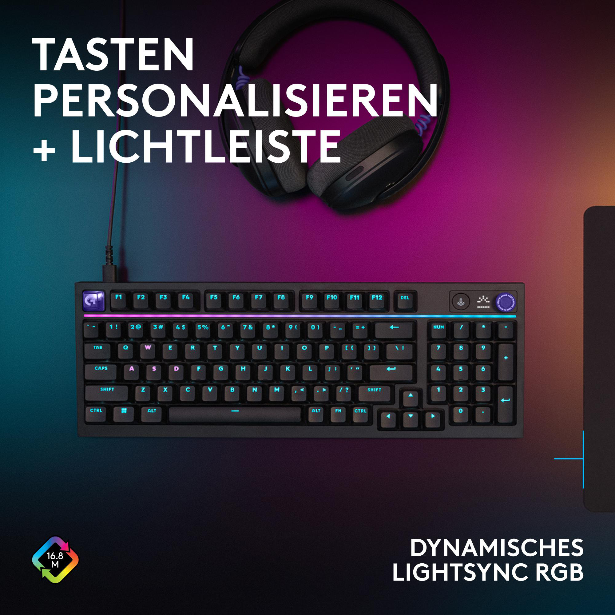 Schwarze Tastatur mit RGB-Beleuchtung und Kopfhörern, lila und blauer Hintergrund.