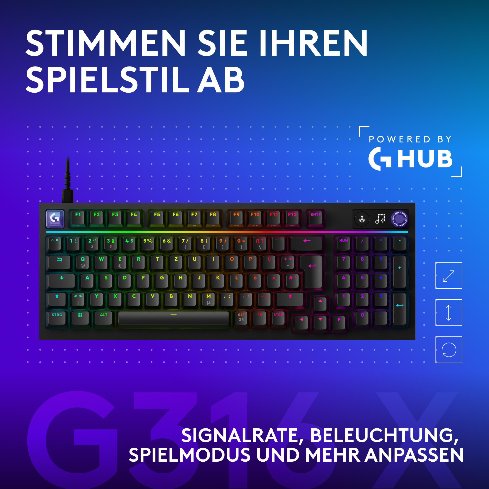 Eine Gaming-Tastatur mit RGB-Beleuchtung und dem G-Hub-Logo.
