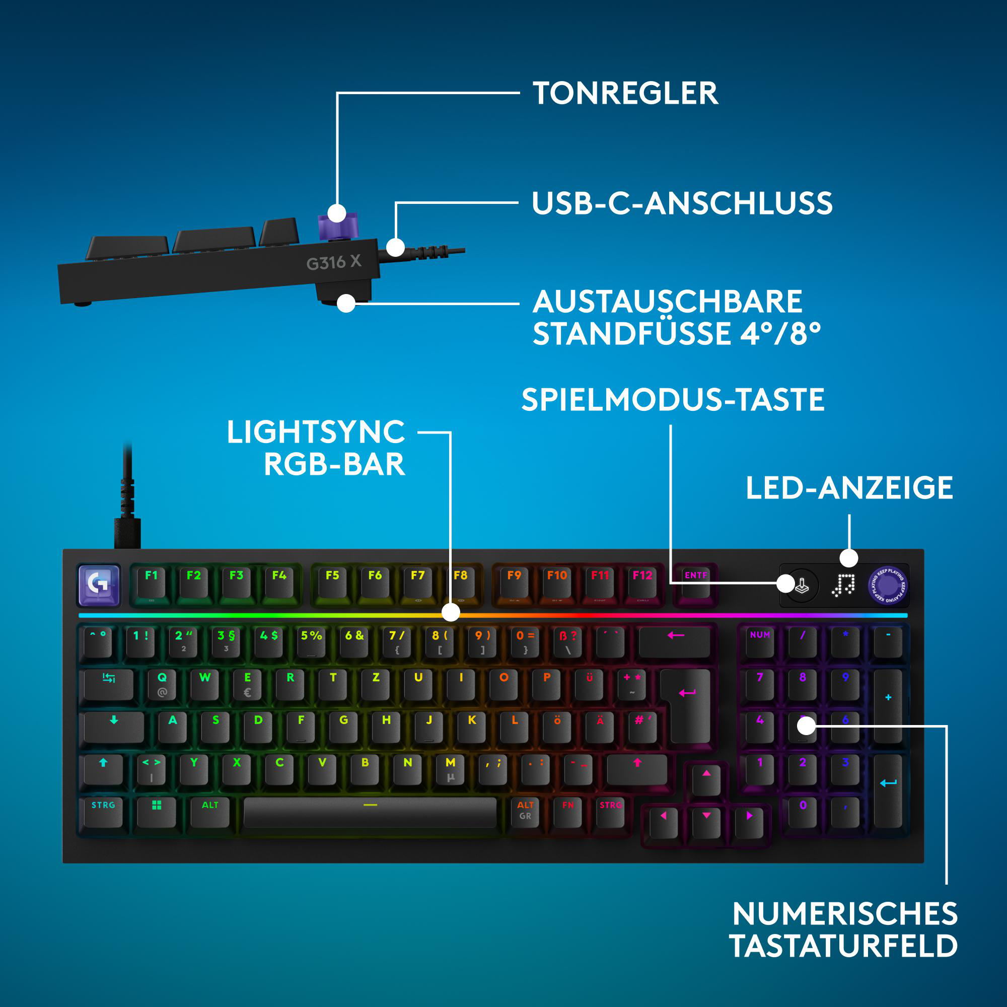 Schwarze Tastatur mit RGB-Beleuchtung, USB-C und beschrifteten Tasten.