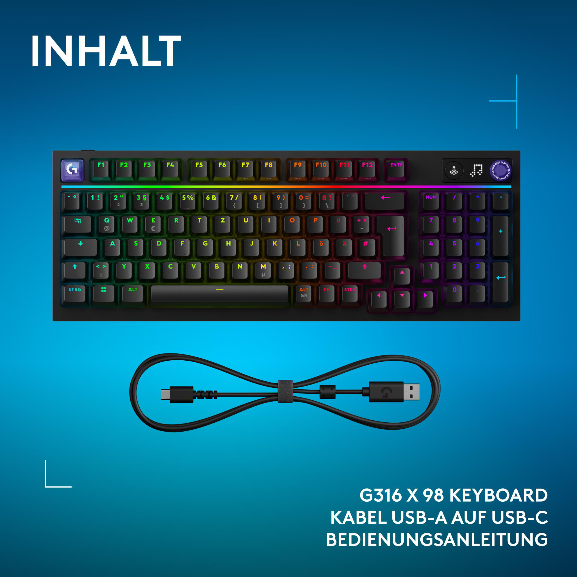 Eine Logitech G913 X 98 Tastatur mit RGB-Beleuchtung und ein USB-A auf USB-C Kabel.