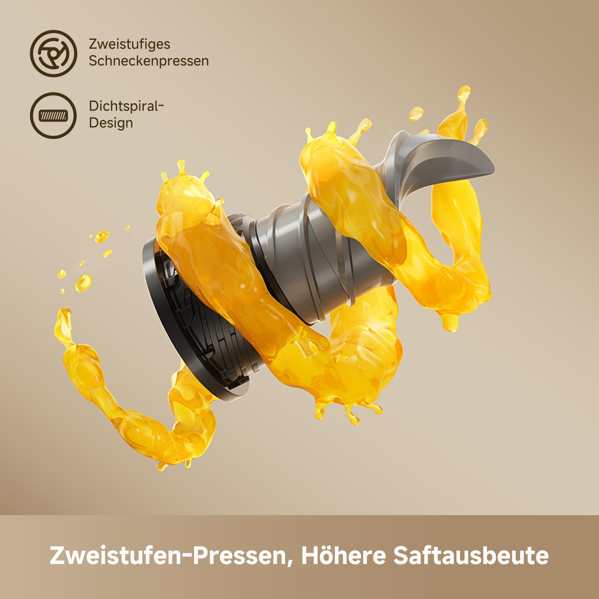 Zweistufige Saftpresse mit gelbem Saft, der herausfließt.
