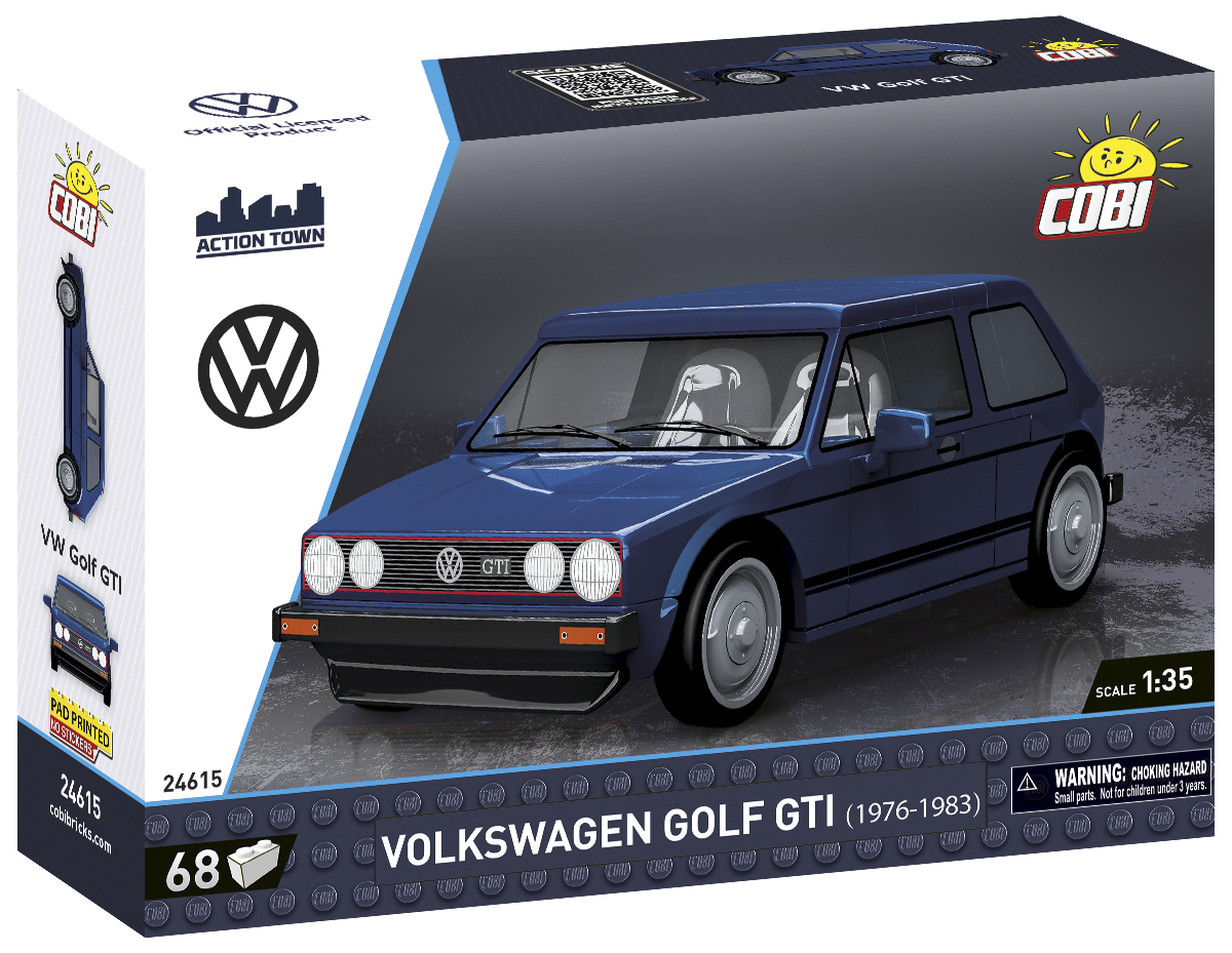 Ein blauer VW Golf GTI Bausatz von COBI im Maßstab 1:35.