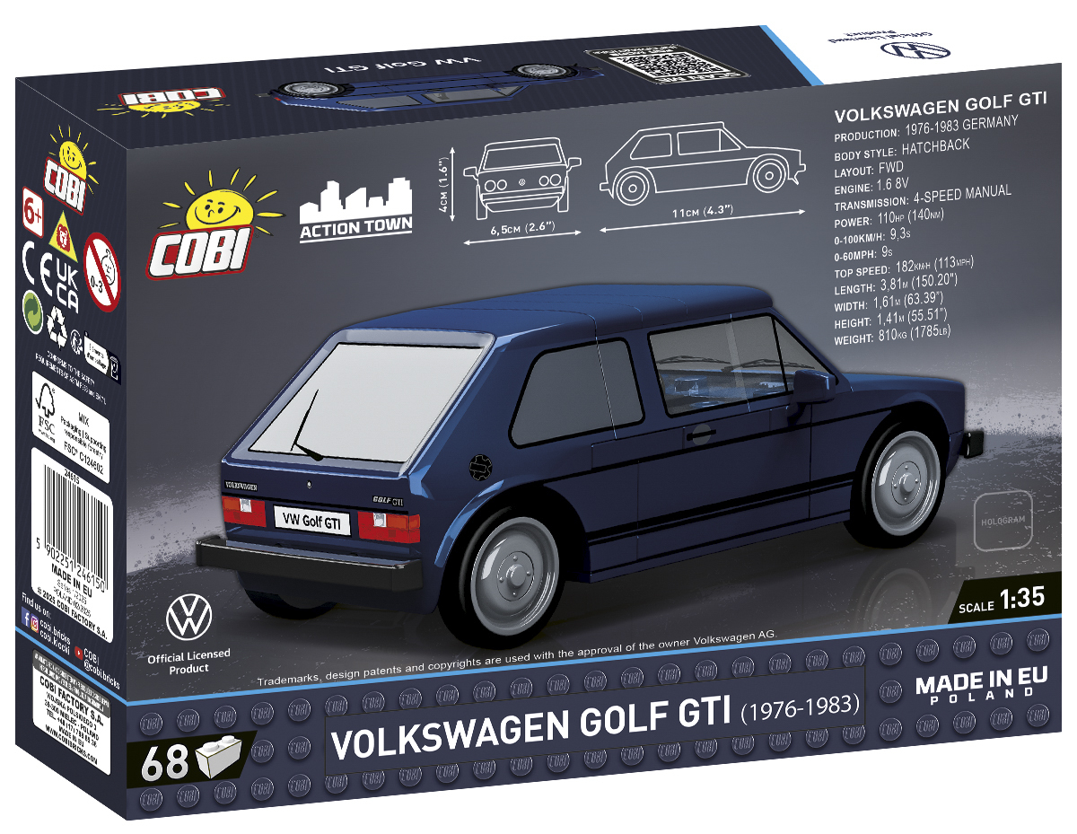 Dunkelblauer VW Golf GTI Bausatz auf Kartonverpackung mit Details.