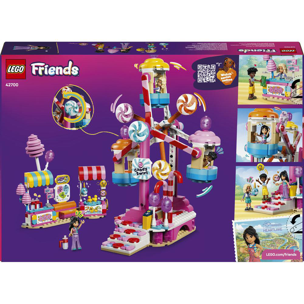 Lego Friends Karussell mit Süßigkeitenständen und Figuren auf einem violetten Hintergrund.