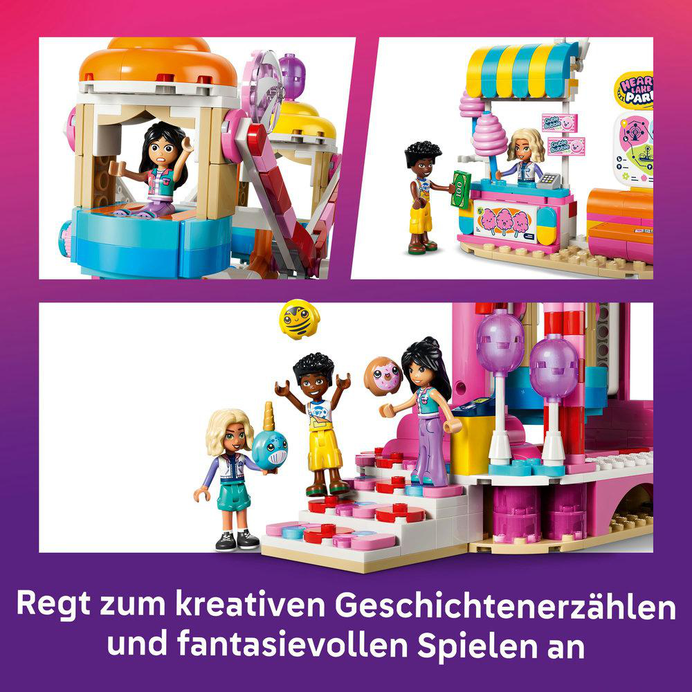 Drei Szenen mit Lego-Figuren und Spielzeug-Sets: Karussell, Eisstand und eine bunte Burg.