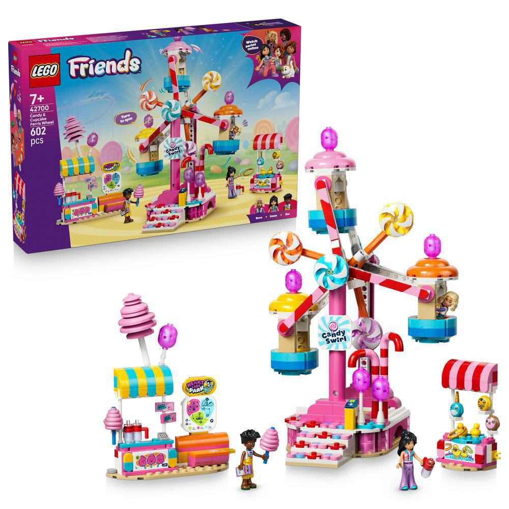 Ein LEGO Friends Karussell mit Zuckerstangen, Cupcakes und Figuren.
