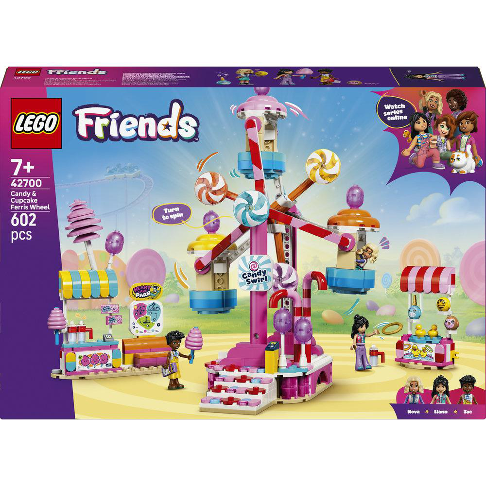 Eine LEGO Friends "Candy & Cupcake" Riesenrad-Spielzeugbox mit Figuren und Zubehör.