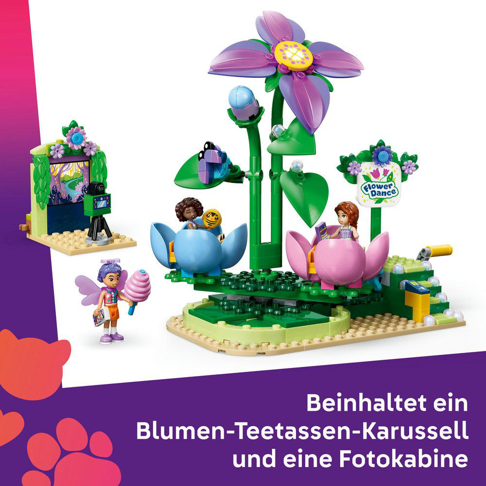Ein Lego-Blumenkarussell mit Figuren und einer Fotokabine.