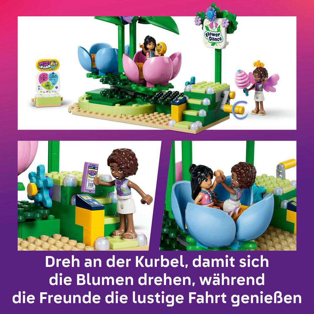 LEGO Friends Blumenkarussell mit Figuren und Fahrgeschäft.