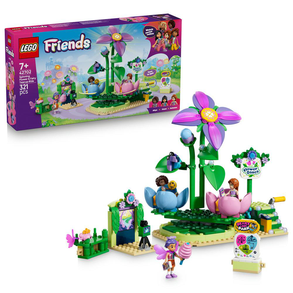 LEGO Friends Spielset mit einer Blume, die sich dreht, und Feen-Tassenfahrgeschäft.