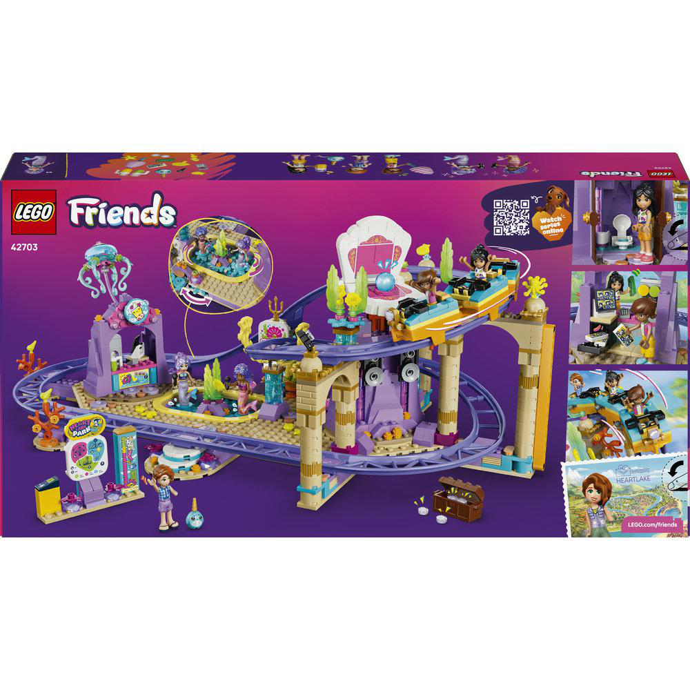 Lego Friends Achterbahn-Set mit Figuren, lila und gelben Schienen, einem Eingang und einem Boot.