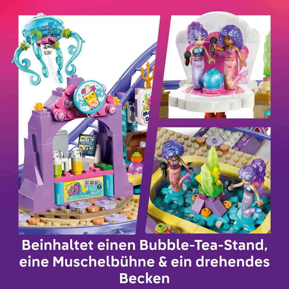Ein Spielset mit Meerjungfrauen, einer Bühne, einem Bubble-Tea-Stand und einem Karussell.