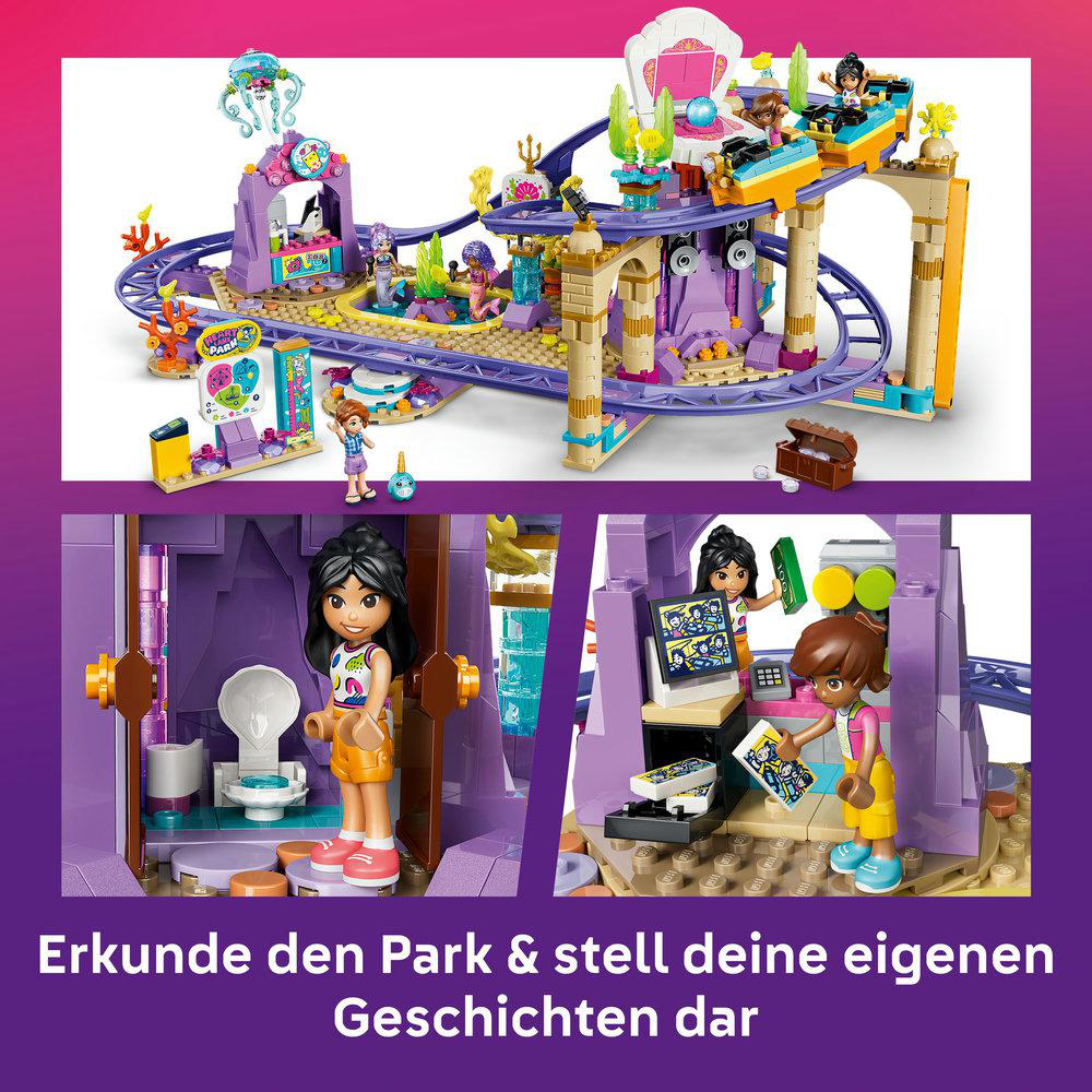 Lego-Figuren und eine Achterbahn mit lila Schienen und lila Säulen im Park.