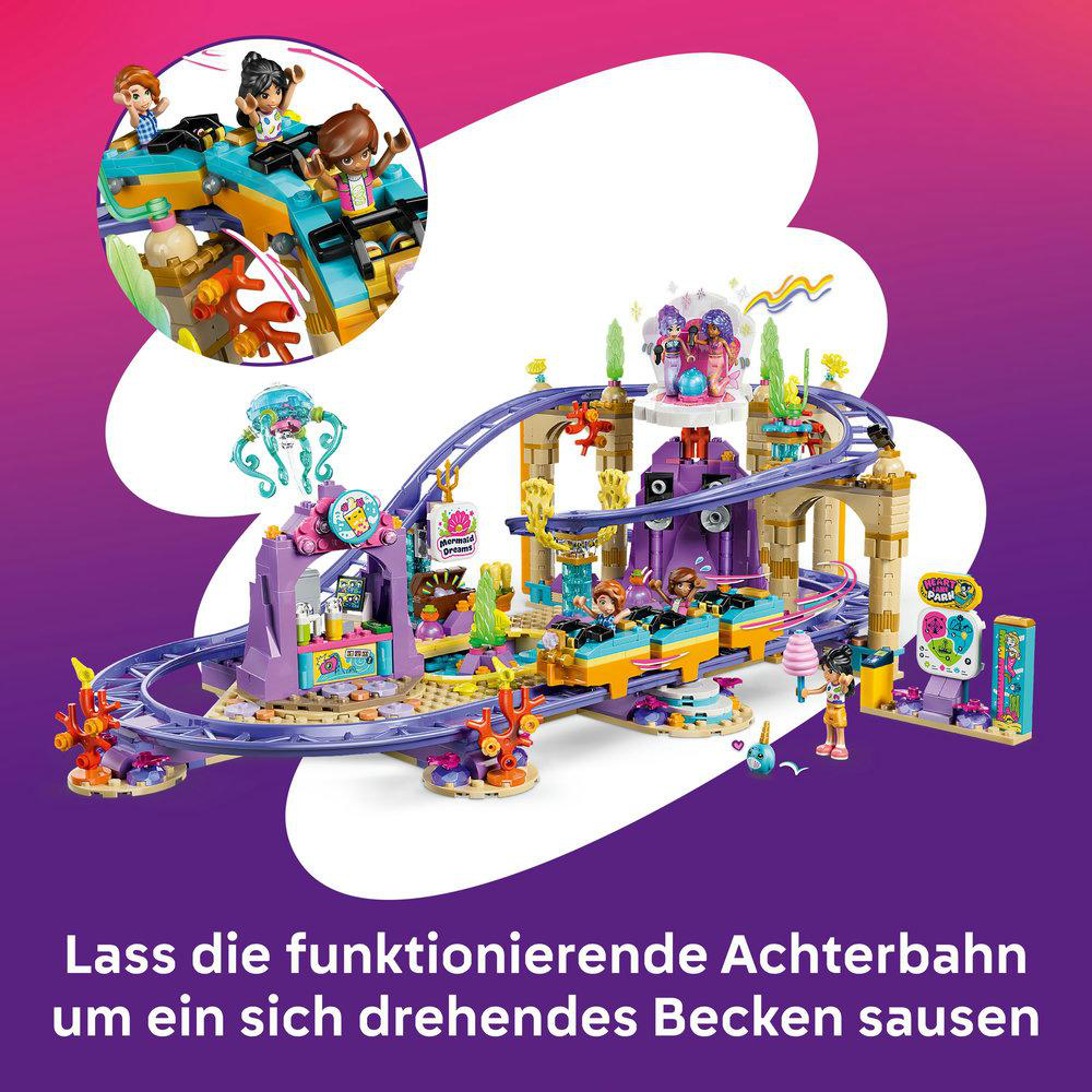 Eine bunte Spielzeugachterbahn mit Figuren und einem lila Schloss.
