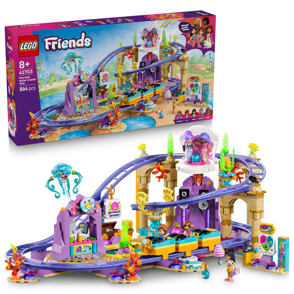 LEGO Friends Meerjungfrauen-Achterbahn-Spielset mit lila Schienen, Quallen und Figuren.