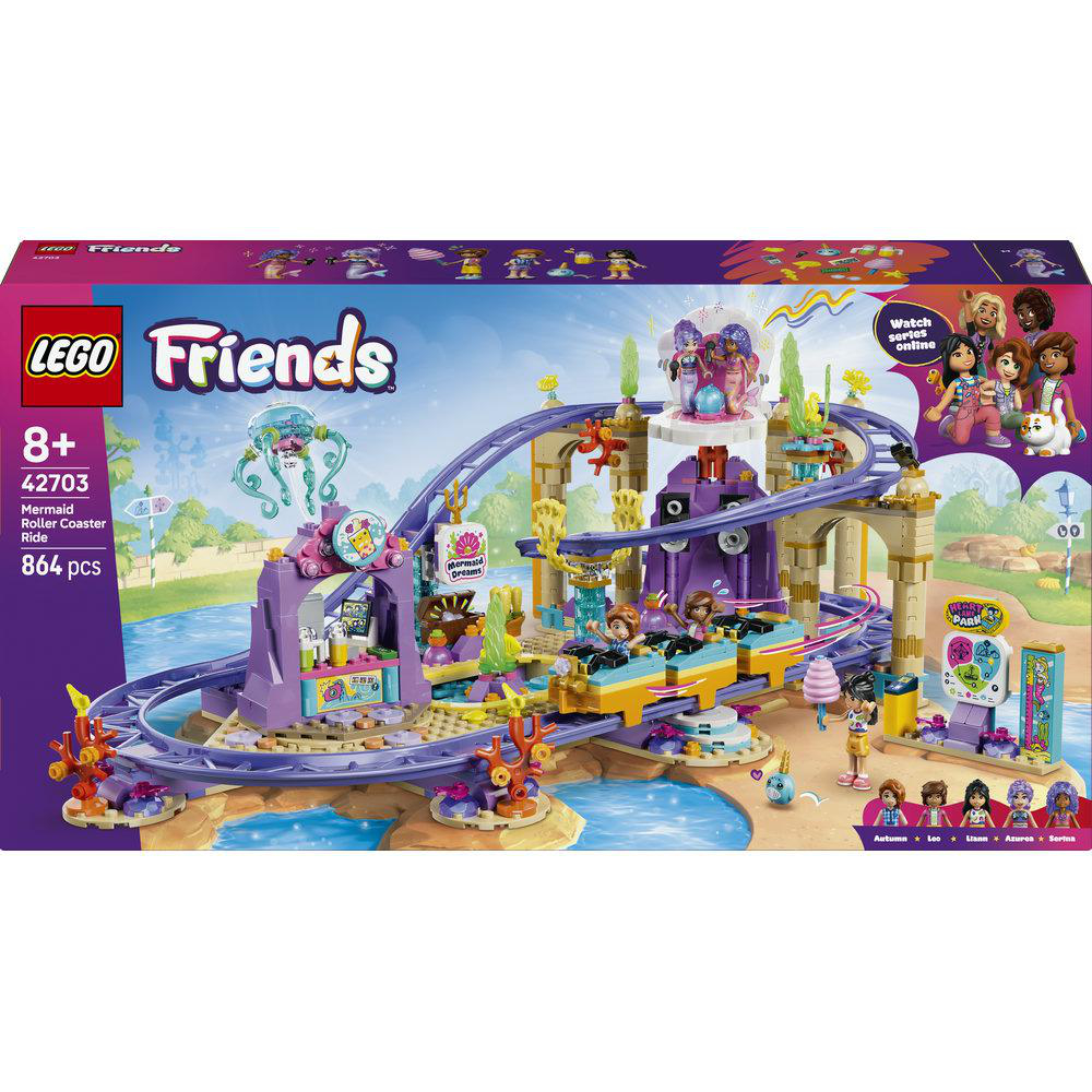 Lego Friends Meerjungfrauen-Achterbahn-Box, inkl. Figuren und Fahrgeschäftsteilen.