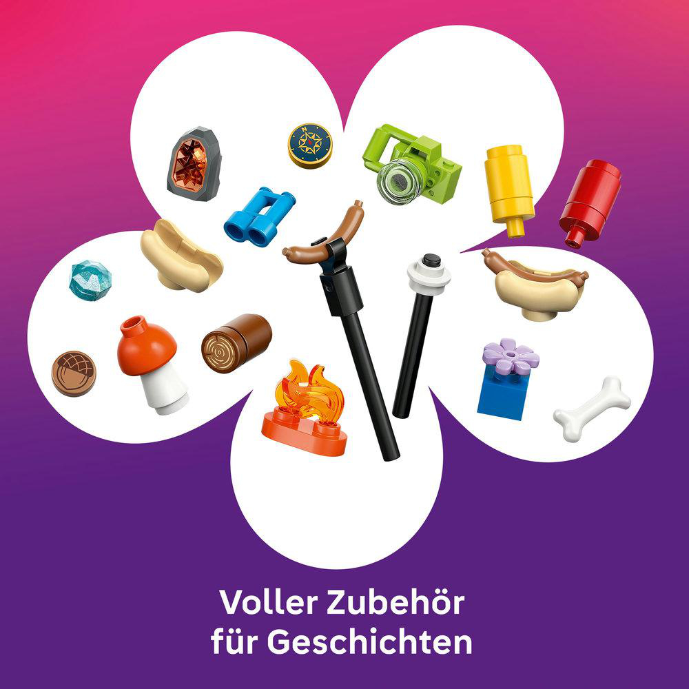 Verschiedenes Lego-Zubehör: Lagerfeuer, Hotdogs, Fernglas, Kamera, Knochen, Pilz, Edelsteine.
