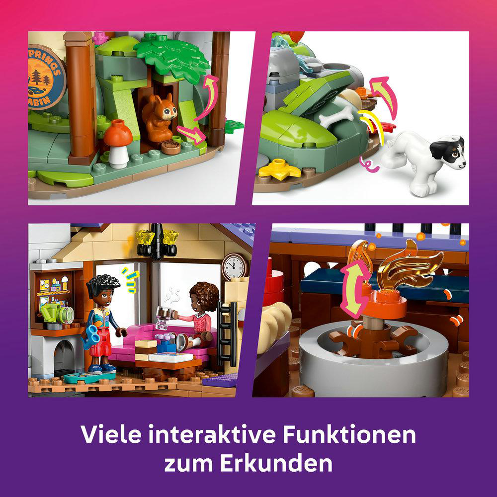 Vier Szenen aus einem LEGO-Set: Waldhütte, Hund, Mädchen im Haus, rotierender Flammen-Mechanismus.