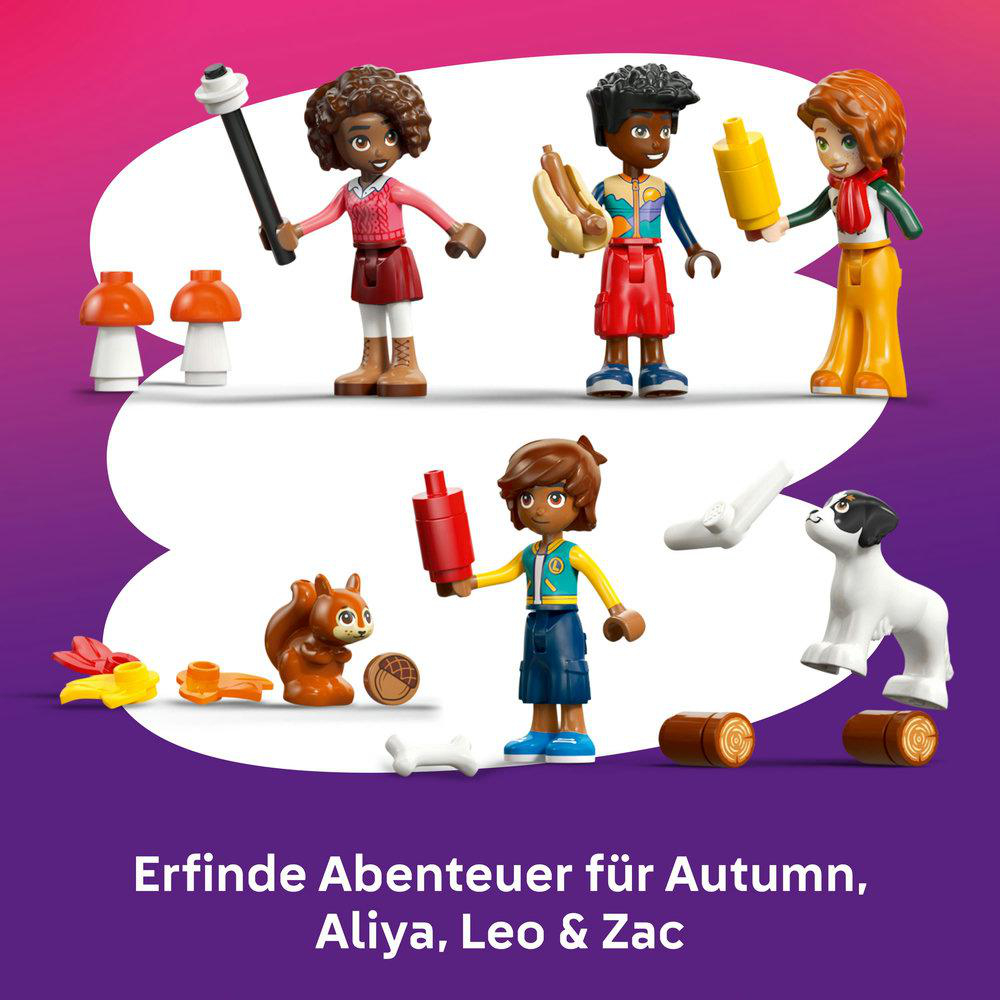 Vier Spielfiguren, ein Hund, ein Eichhörnchen und Zubehör vor einem weißen und violetten Hintergrund.